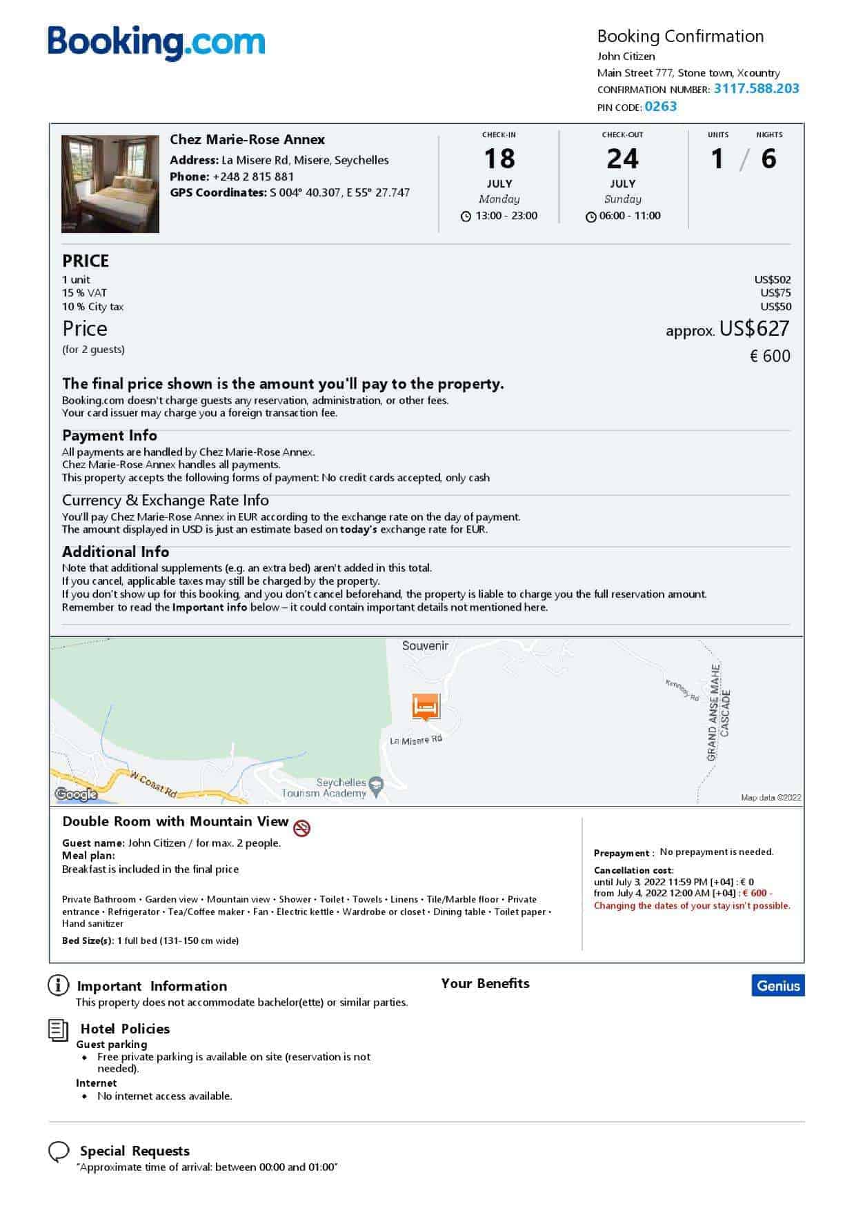 Seychelles hotel booking confirmation Word and PDF template, 2 pages Seychelles hotel booking confirmation Word and PDF template, 2 pages