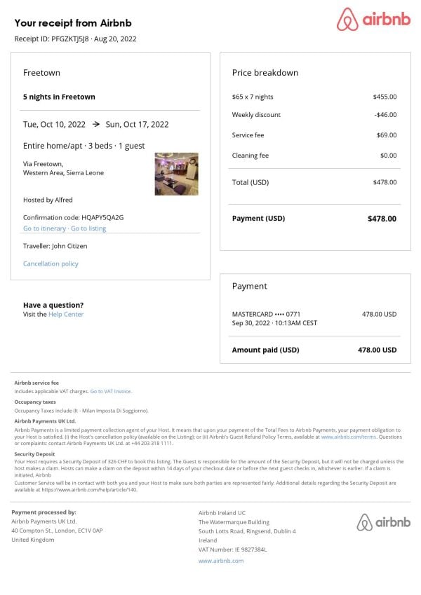 Sierra Leone Airbnb booking confirmation Word and PDF template