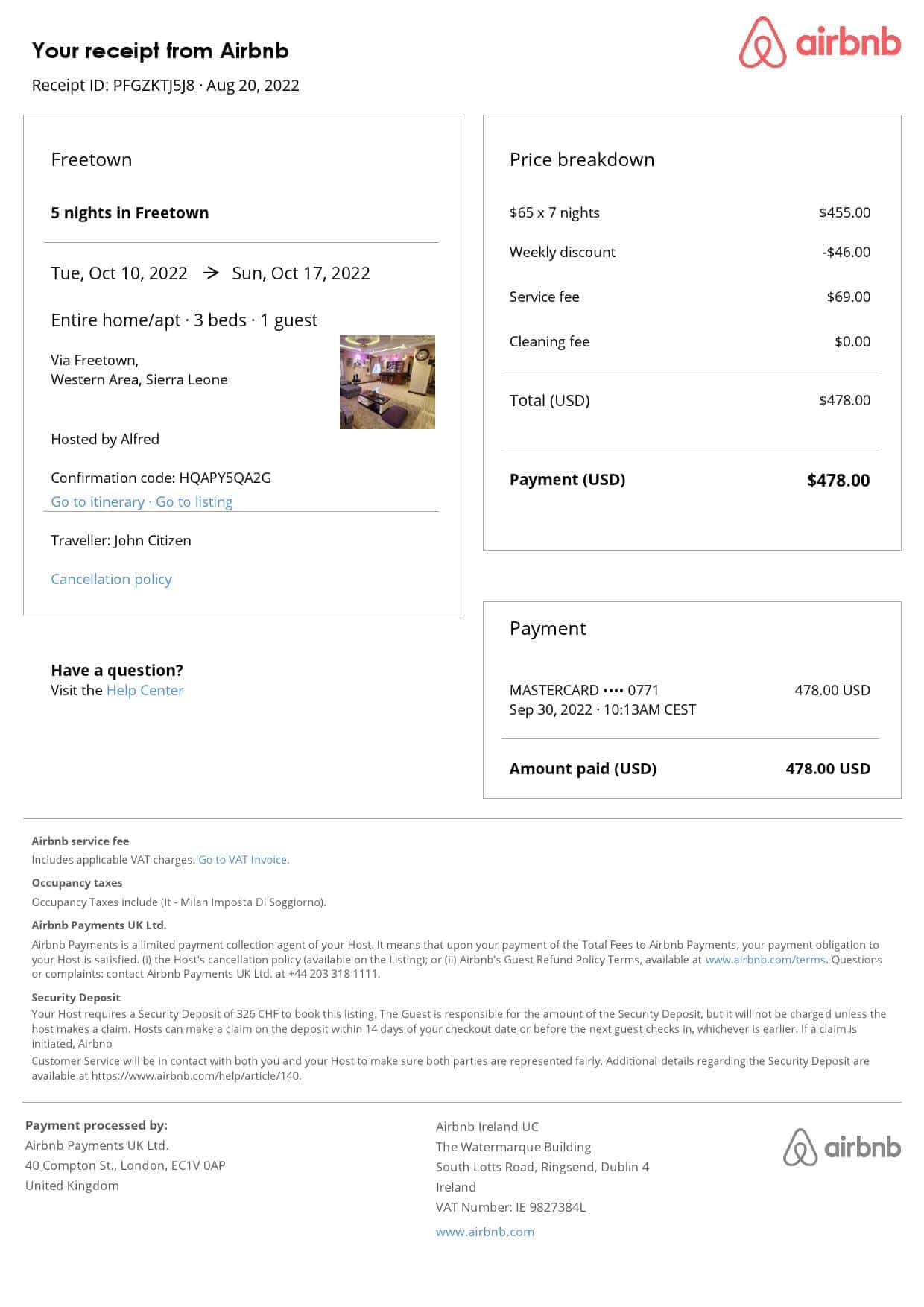 Sierra Leone Airbnb booking confirmation Word and PDF template Sierra Leone Airbnb booking confirmation Word and PDF template