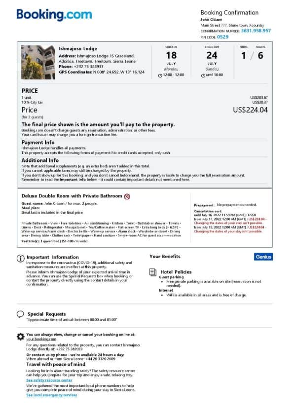 Sierra Leone hotel booking confirmation Word and PDF template