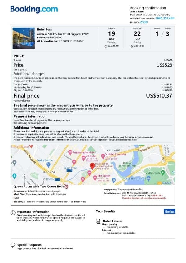 Singapore hotel booking confirmation Word and PDF template, 2 pages