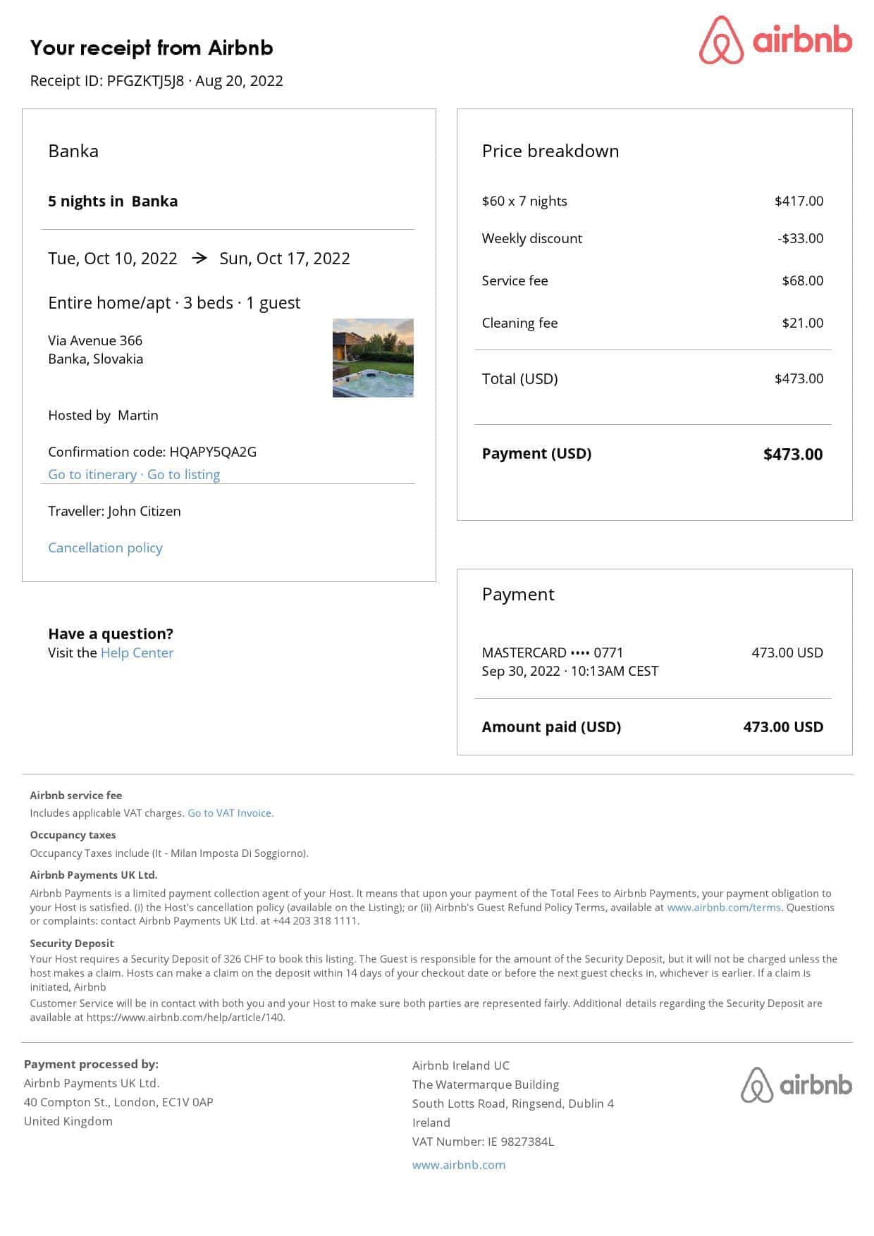 Slovakia Airbnb booking confirmation Word and PDF template Slovakia Airbnb booking confirmation Word and PDF template