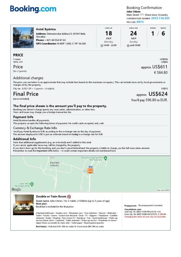 Slovakia hotel booking confirmation Word and PDF template, 2 pages Slovakia hotel booking confirmation Word and PDF template, 2 pages