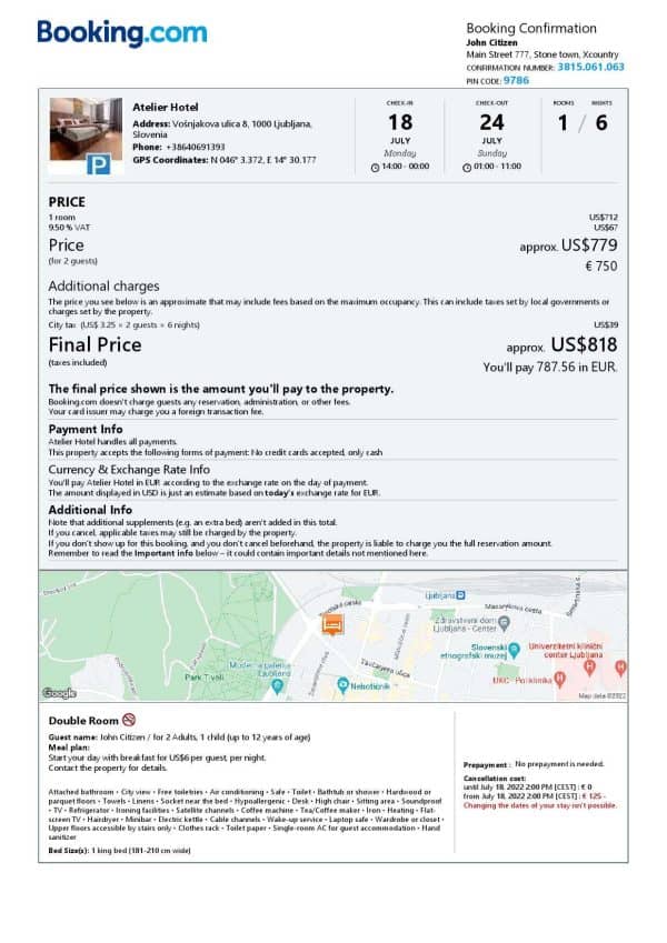 Slovenia hotel booking confirmation Word and PDF template, 2 pages