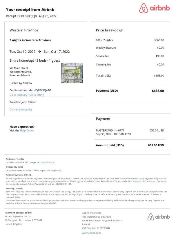 Solomon Islands Airbnb booking confirmation Word and PDF template Solomon Islands Airbnb booking confirmation Word and PDF template