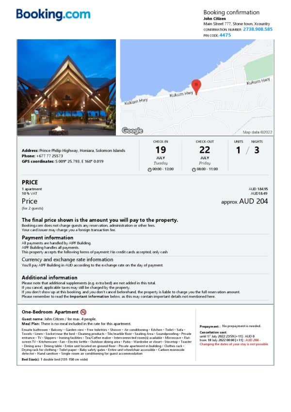 Solomon Islands hotel booking confirmation Word and PDF template, 2 pages