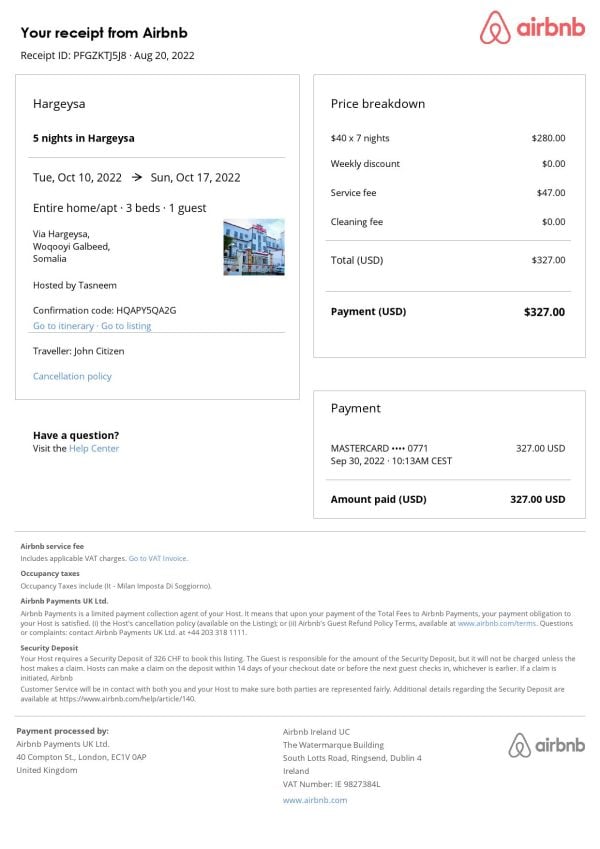 Somalia Airbnb booking confirmation Word and PDF template Somalia Airbnb booking confirmation Word and PDF template
