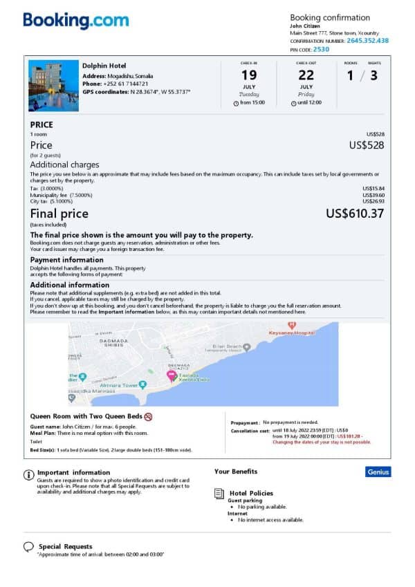 Somalia hotel booking confirmation Word and PDF template, 2 pages