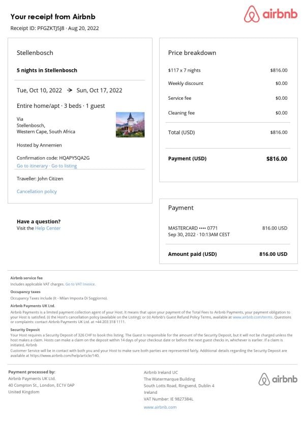 South Africa Airbnb booking confirmation Word and PDF template South Africa Airbnb booking confirmation Word and PDF template