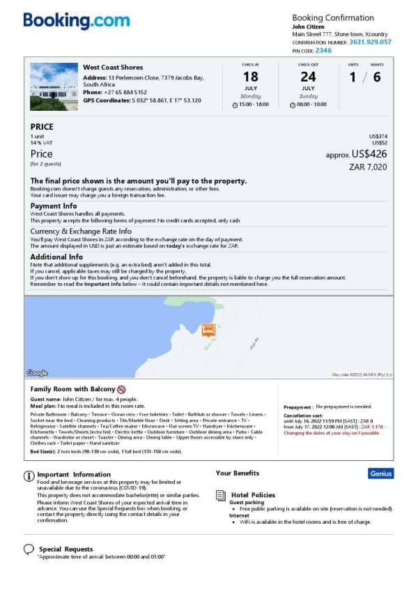 South Africa hotel booking confirmation Word and PDF template, 2 pages