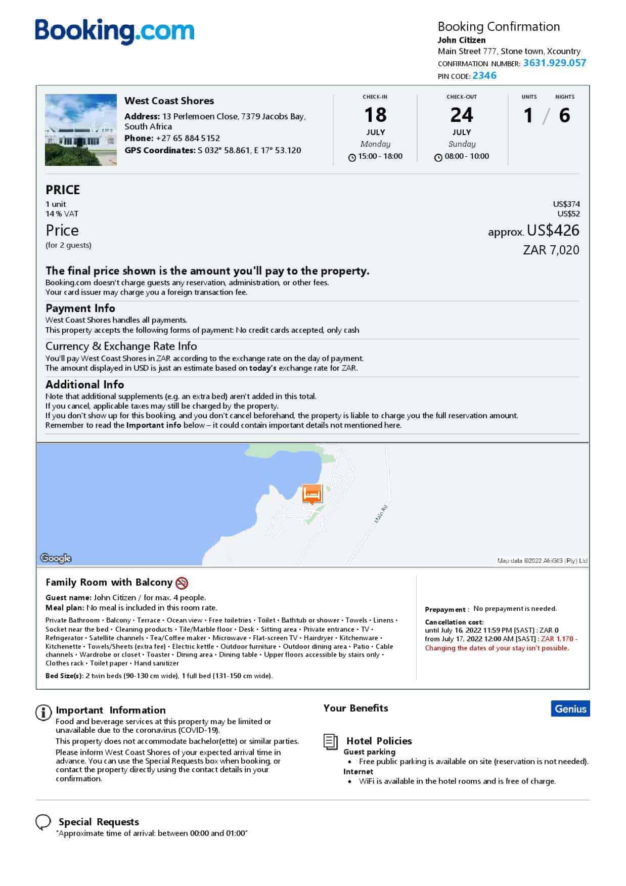 South Africa hotel booking confirmation Word and PDF template, 2 pages South Africa hotel booking confirmation Word and PDF template, 2 pages