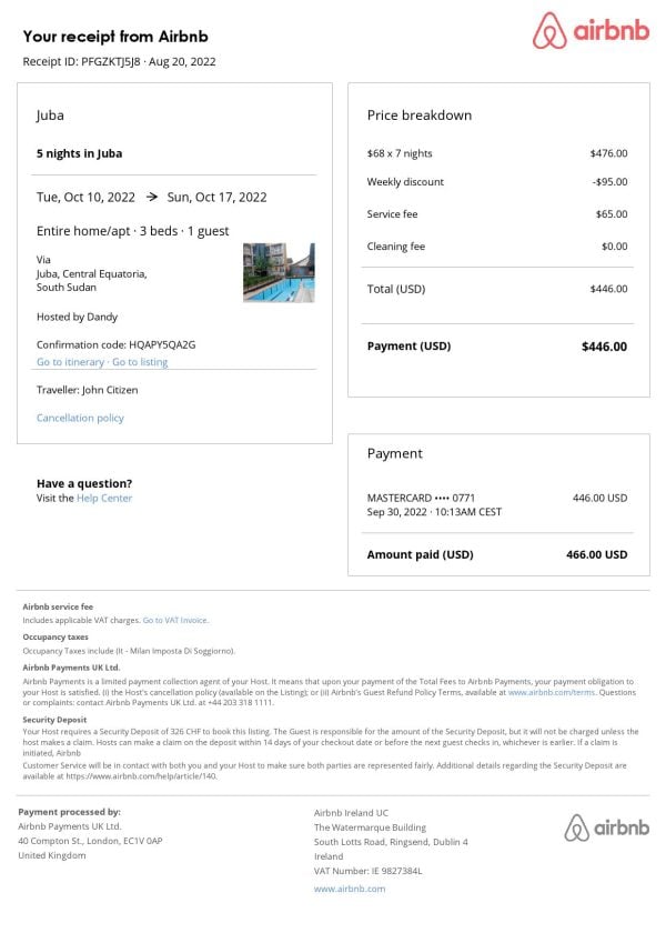 South Sudan Airbnb booking confirmation Word and PDF template South Sudan Airbnb booking confirmation Word and PDF template