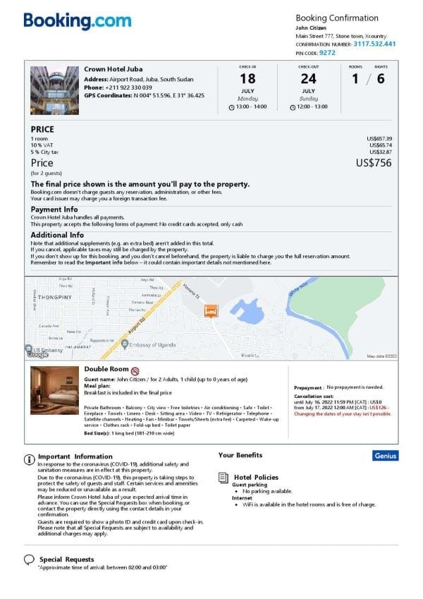 South Sudan hotel booking confirmation Word and PDF template, 2 pages