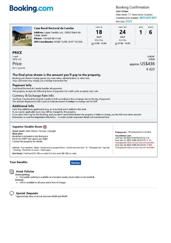 Spain hotel booking confirmation Word and PDF template, 2 pages