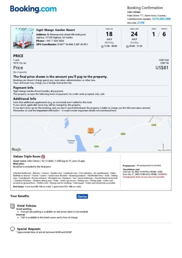 Sri Lanka hotel booking confirmation Word and PDF template, 2 pages