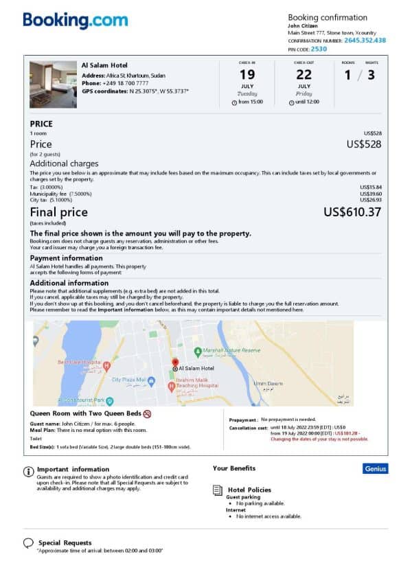 Sudan hotel booking confirmation Word and PDF template, 2 pages