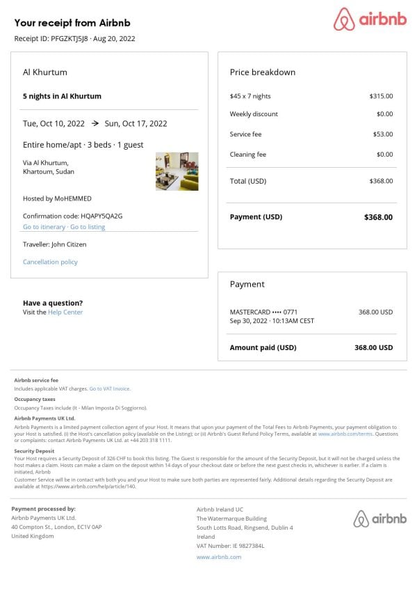 Sudan Airbnb booking confirmation Word and PDF template Sudan Airbnb booking confirmation Word and PDF template