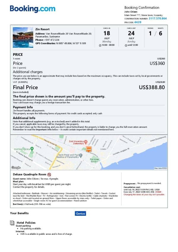 Suriname hotel booking confirmation Word and PDF template, 2 pages Suriname hotel booking confirmation Word and PDF template, 2 pages