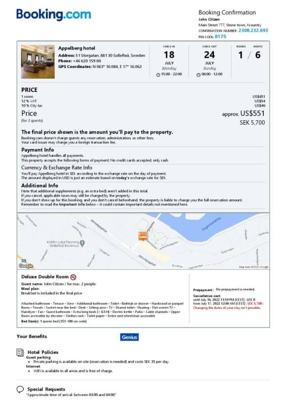 Sweden hotel booking confirmation Word and PDF template, 2 pages Sweden hotel booking confirmation Word and PDF template, 2 pages
