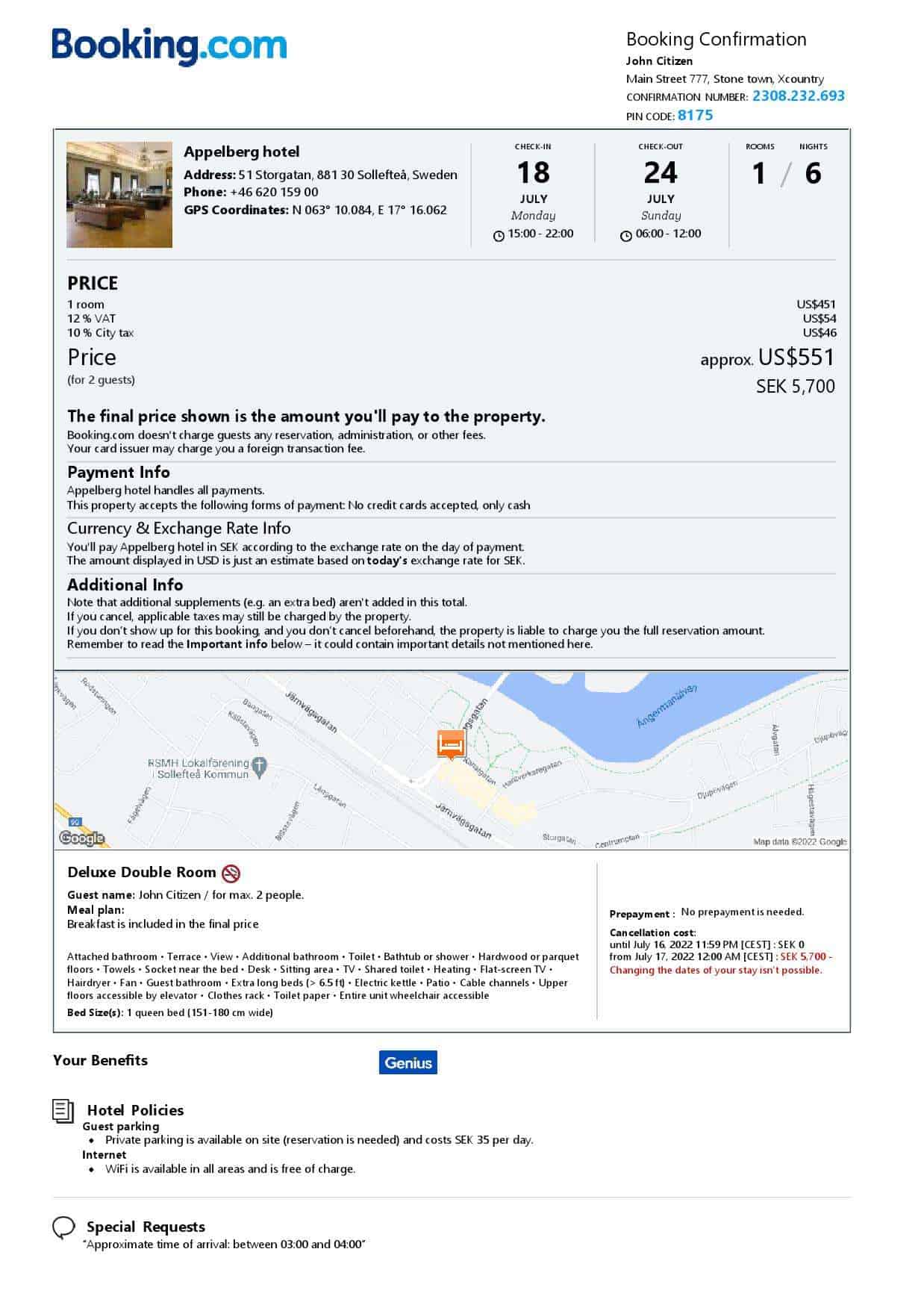 Sweden hotel booking confirmation Word and PDF template, 2 pages Sweden hotel booking confirmation Word and PDF template, 2 pages