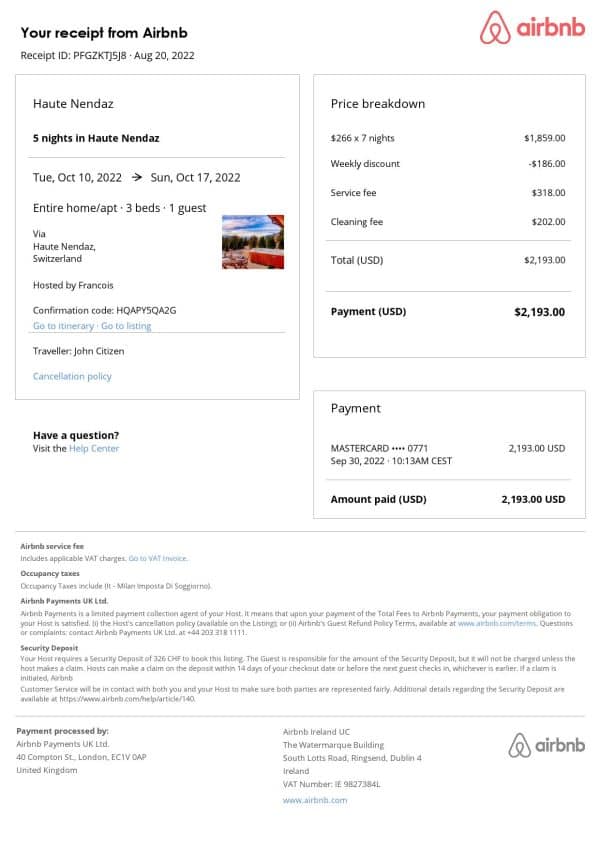 Switzerland Airbnb booking confirmation Word and PDF template Switzerland Airbnb booking confirmation Word and PDF template