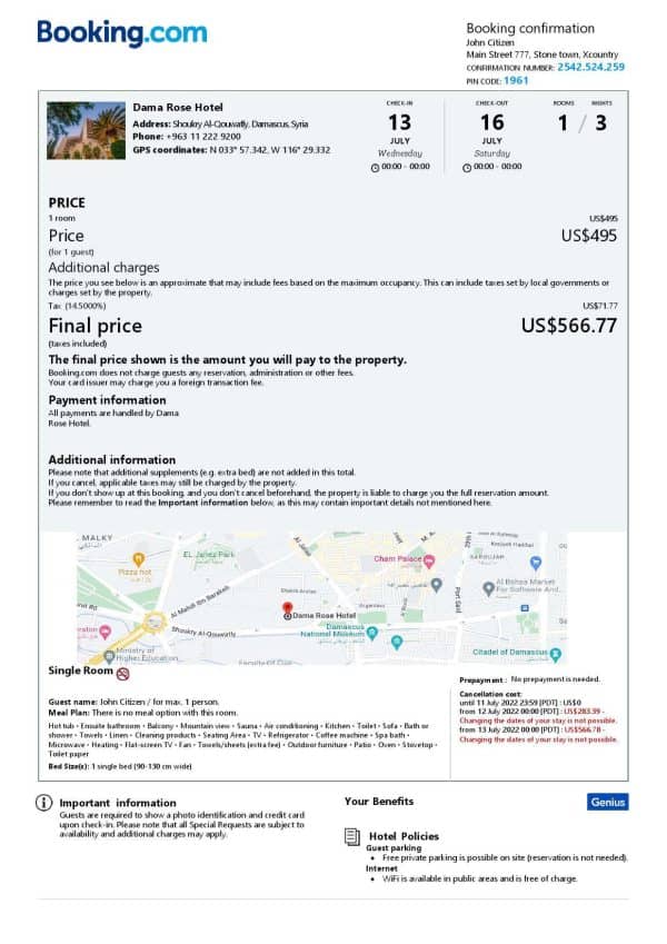 Syria hotel booking confirmation Word and PDF template, 2 pages Syria hotel booking confirmation Word and PDF template, 2 pages