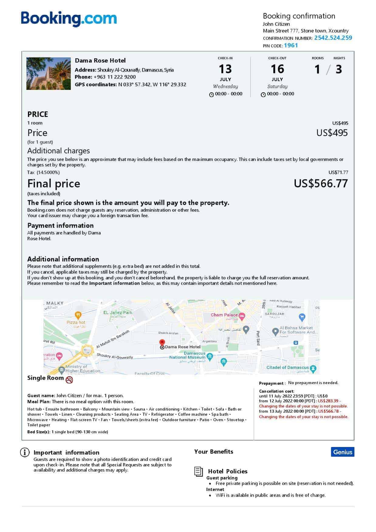 Syria hotel booking confirmation Word and PDF template, 2 pages Syria hotel booking confirmation Word and PDF template, 2 pages