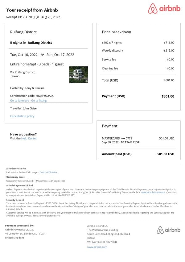 Taiwan Airbnb booking confirmation Word and PDF template Taiwan Airbnb booking confirmation Word and PDF template