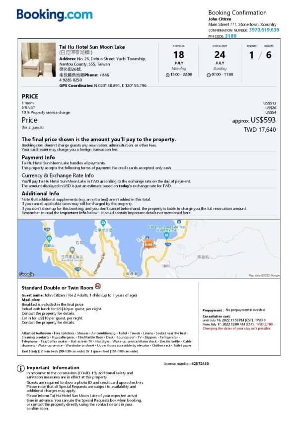 Taiwan hotel booking confirmation Word and PDF template, 2 pages Taiwan hotel booking confirmation Word and PDF template, 2 pages