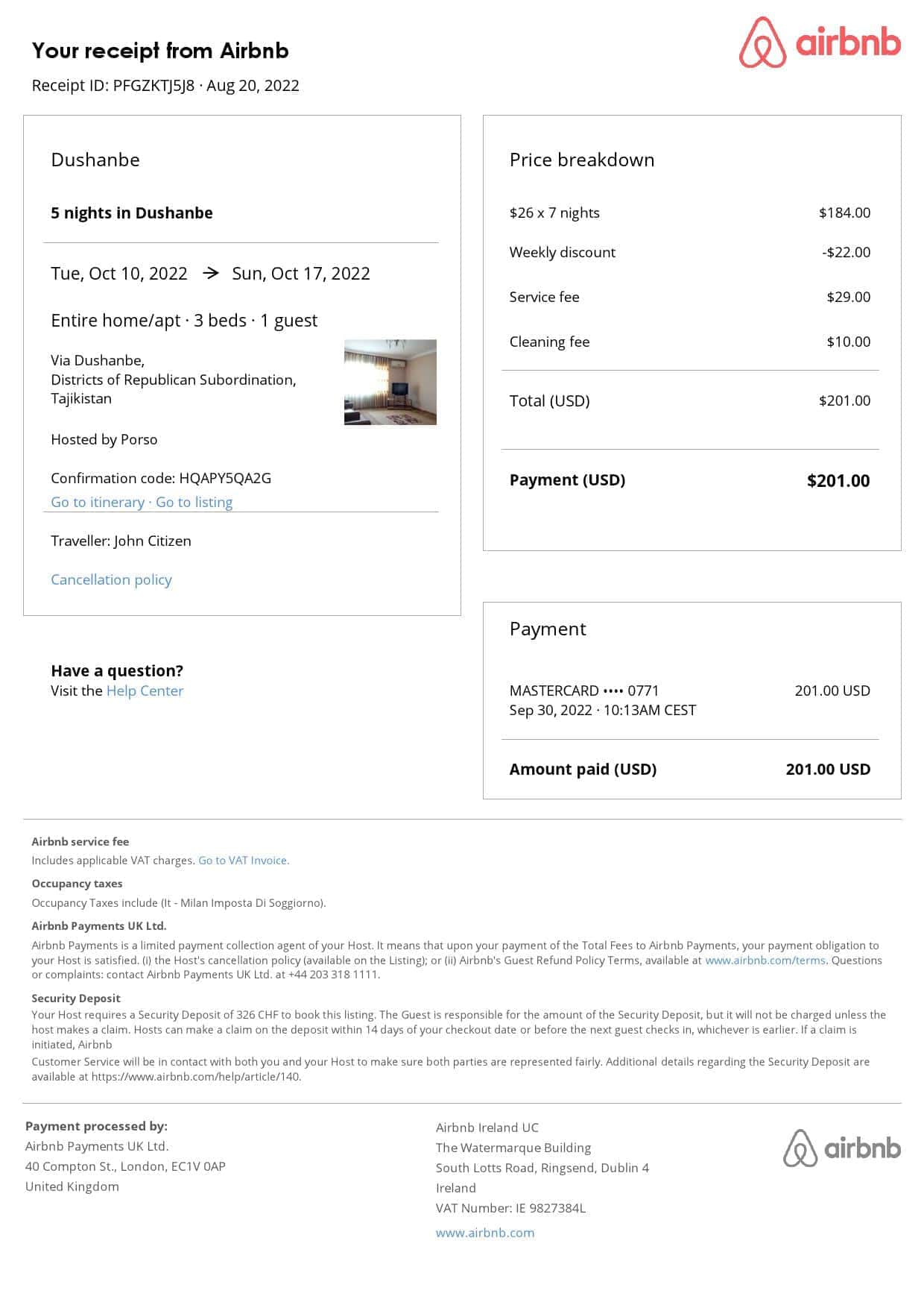 Tajikistan Airbnb booking confirmation Word and PDF template Tajikistan Airbnb booking confirmation Word and PDF template