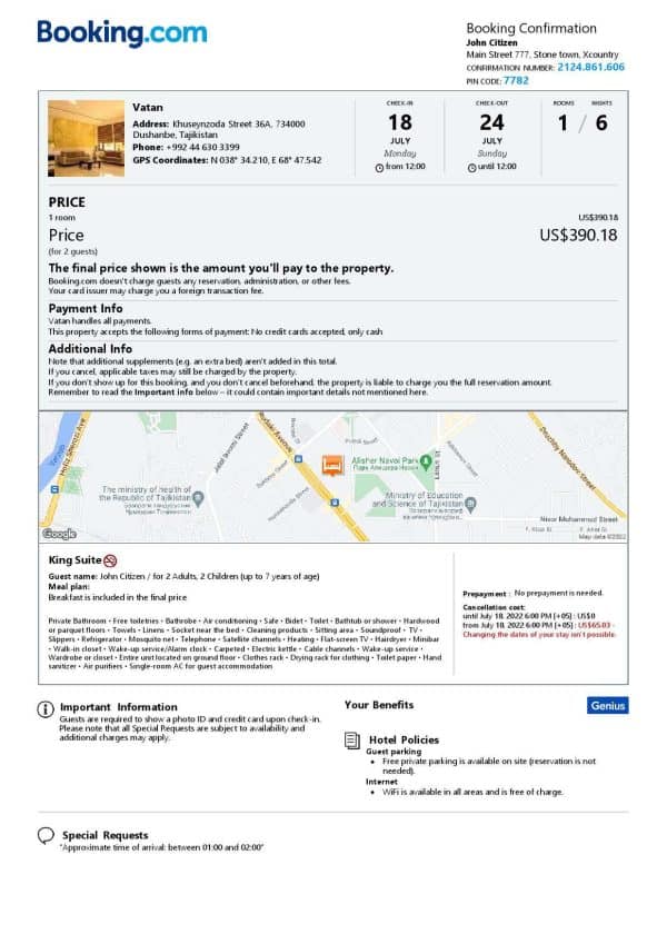 Tajikistan hotel booking confirmation Word and PDF template, 2 pages Tajikistan hotel booking confirmation Word and PDF template, 2 pages