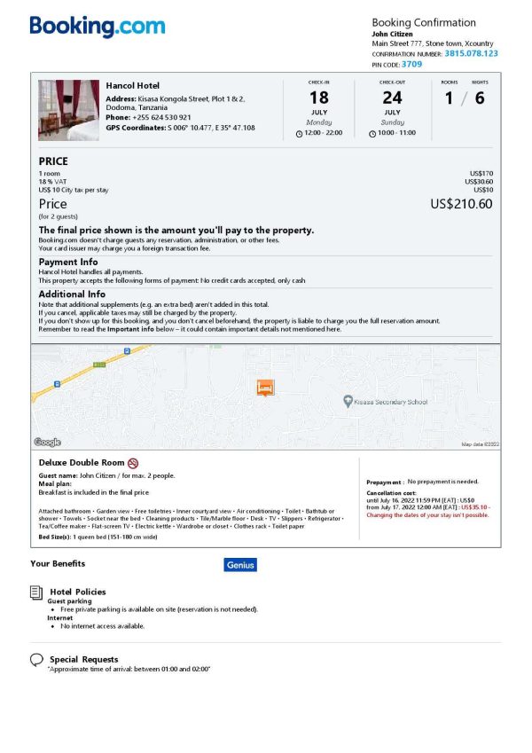 Tanzania hotel booking confirmation Word and PDF template, 2 pages Tanzania hotel booking confirmation Word and PDF template, 2 pages
