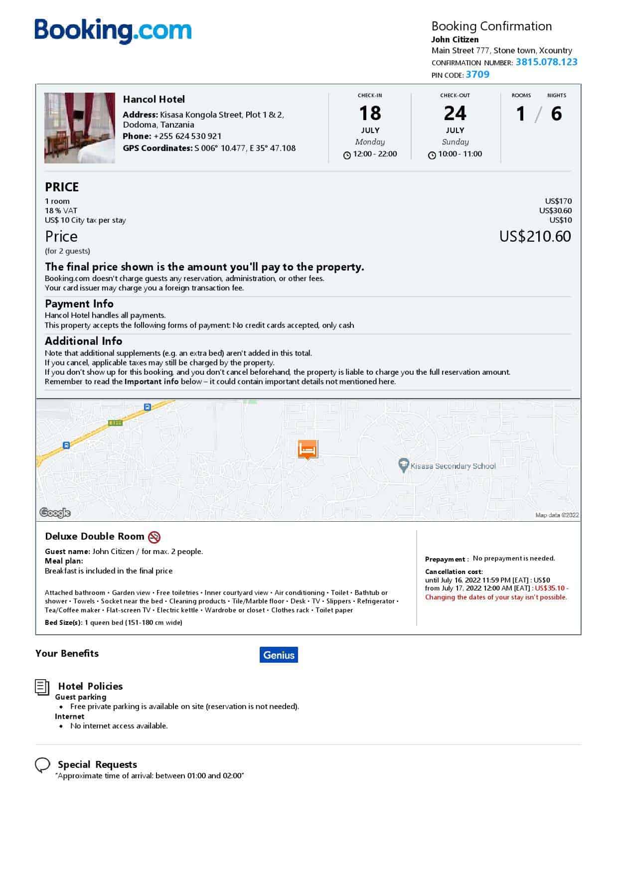 Tanzania hotel booking confirmation Word and PDF template, 2 pages Tanzania hotel booking confirmation Word and PDF template, 2 pages