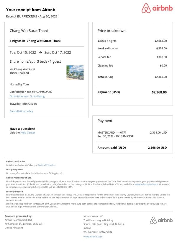 Thailand Airbnb booking confirmation Word and PDF template Thailand Airbnb booking confirmation Word and PDF template