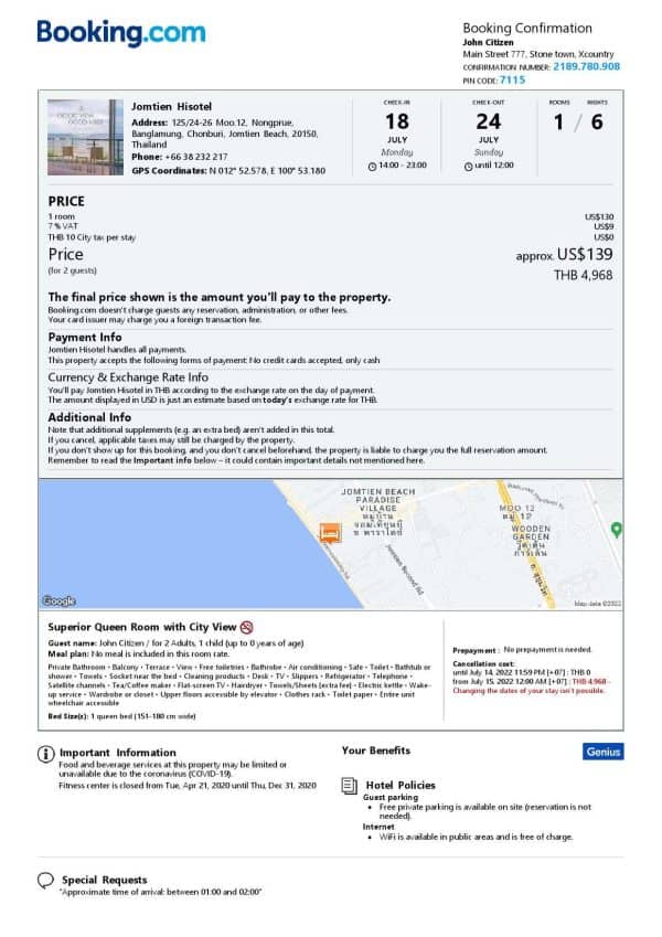 Thailand hotel booking confirmation Word and PDF template, 2 pages Thailand hotel booking confirmation Word and PDF template, 2 pages