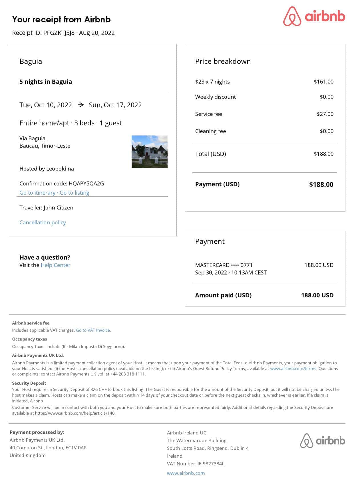 Timor Leste Airbnb booking confirmation Word and PDF template Timor Leste Airbnb booking confirmation Word and PDF template