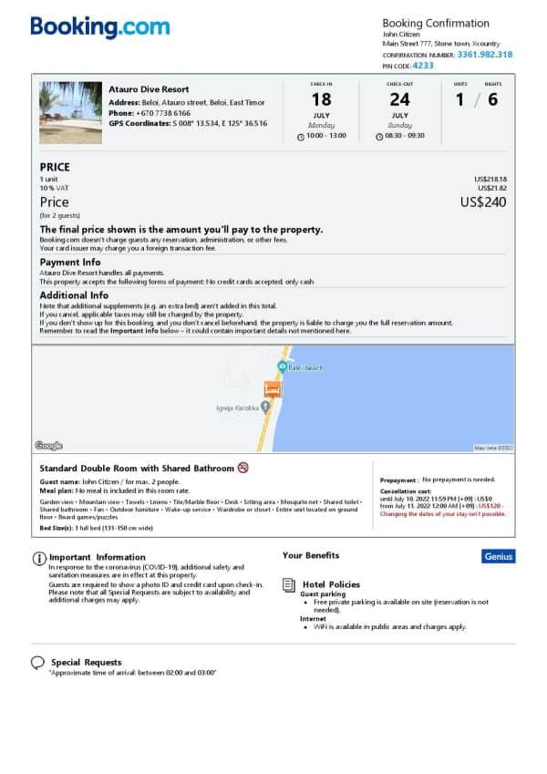 Timor-Leste hotel booking confirmation Word and PDF template, 2 pages Timor-Leste hotel booking confirmation Word and PDF template, 2 pages