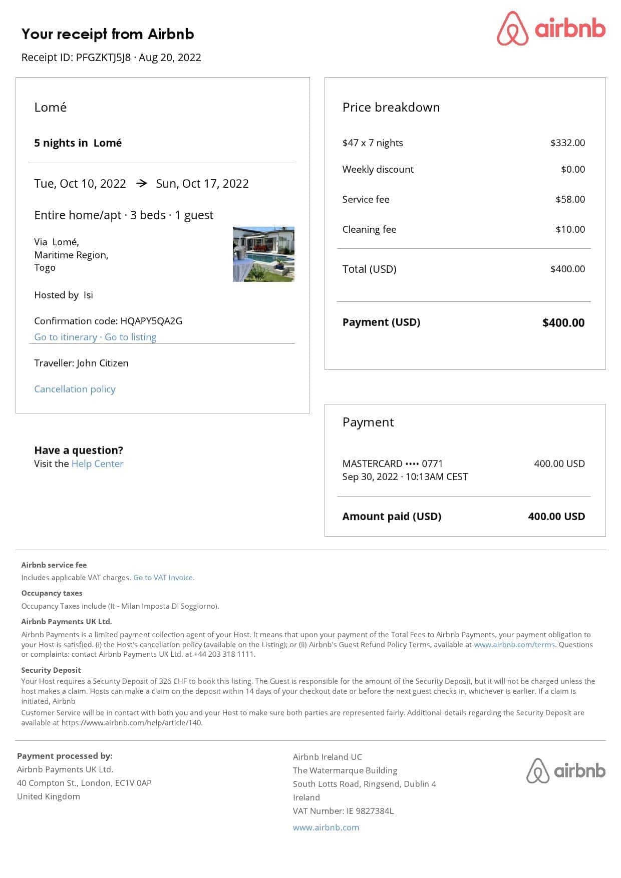 Togo Airbnb booking confirmation Word and PDF template Togo Airbnb booking confirmation Word and PDF template