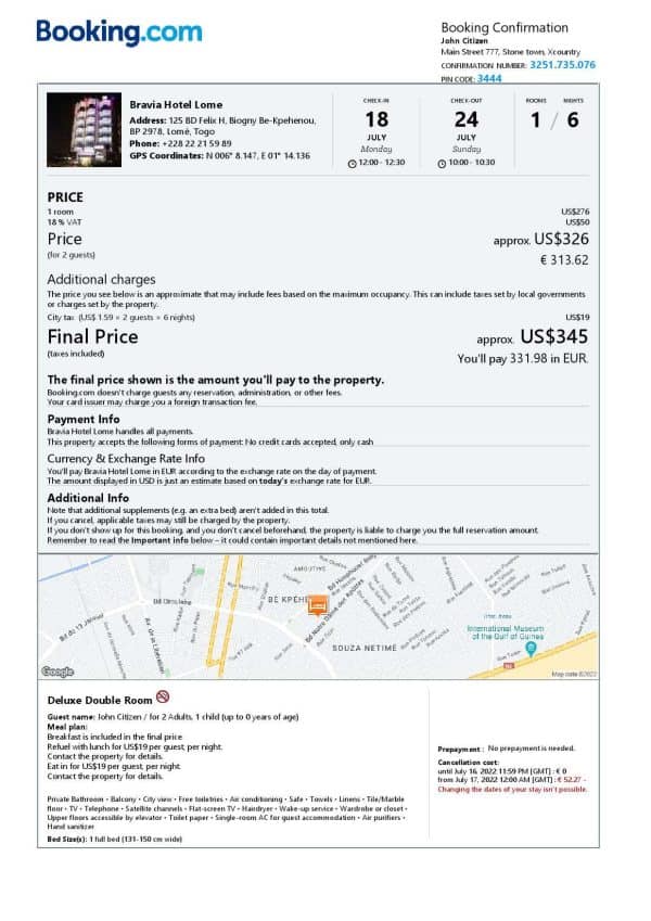 Togo hotel booking confirmation Word and PDF template, 2 pages Togo hotel booking confirmation Word and PDF template, 2 pages