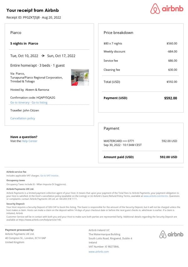 Trinidad & Tobago Airbnb booking confirmation Word and PDF template Trinidad & Tobago Airbnb booking confirmation Word and PDF template