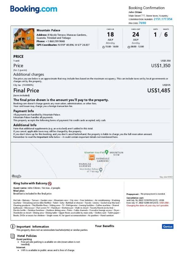 Trinidad and Tobago hotel booking confirmation Word and PDF template, 2 pages Trinidad and Tobago hotel booking confirmation Word and PDF template, 2 pages