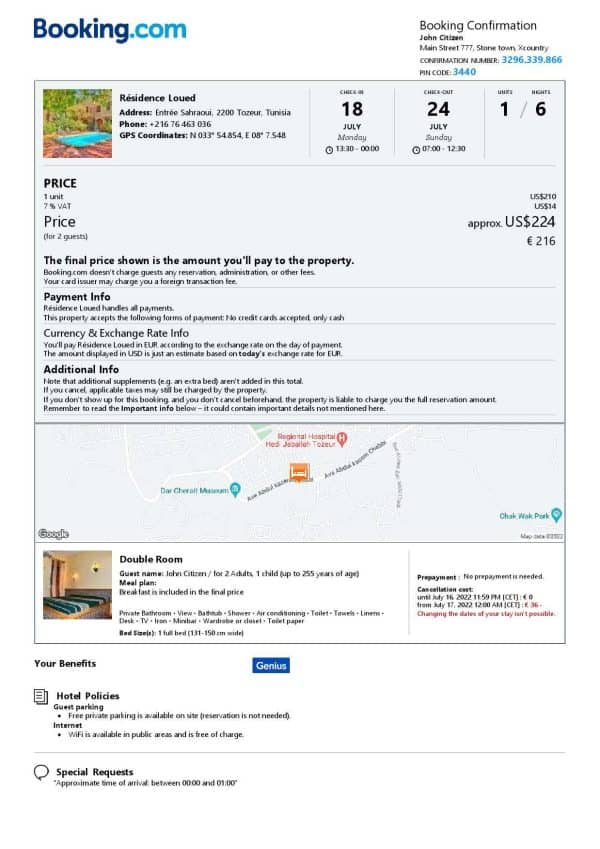 Tunisia hotel booking confirmation Word and PDF template, 2 pages Tunisia hotel booking confirmation Word and PDF template, 2 pages