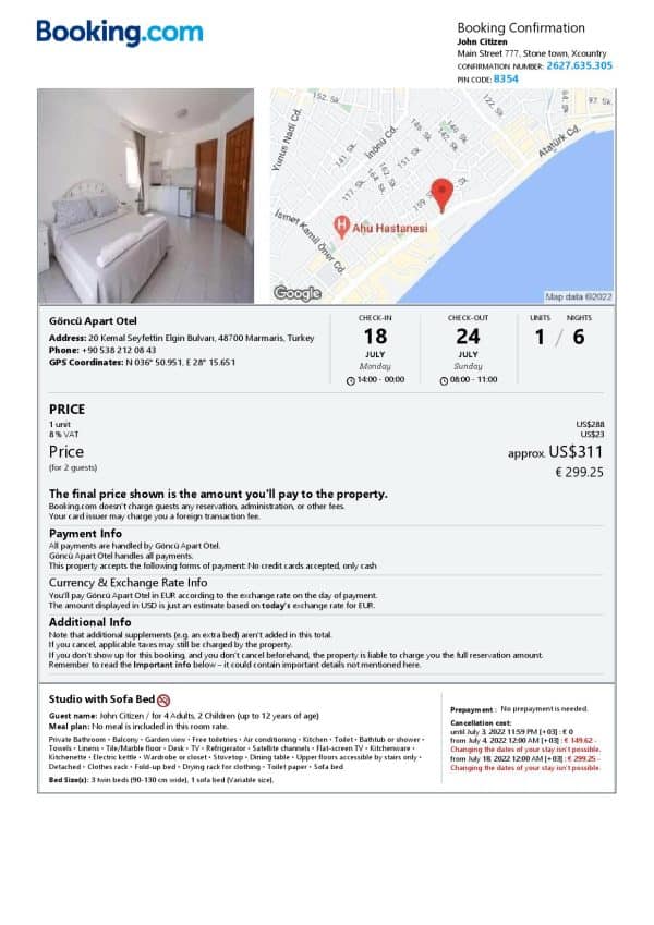 Turkey hotel booking confirmation Word and PDF template, 2 pages Turkey hotel booking confirmation Word and PDF template, 2 pages