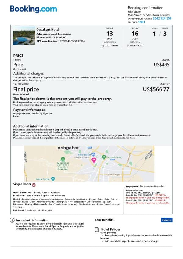 Turkmenistan hotel booking confirmation Word and PDF template, 2 pages
