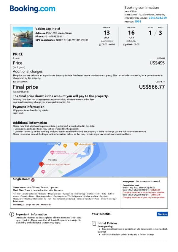 Tuvalu hotel booking confirmation Word and PDF template, 2 pages