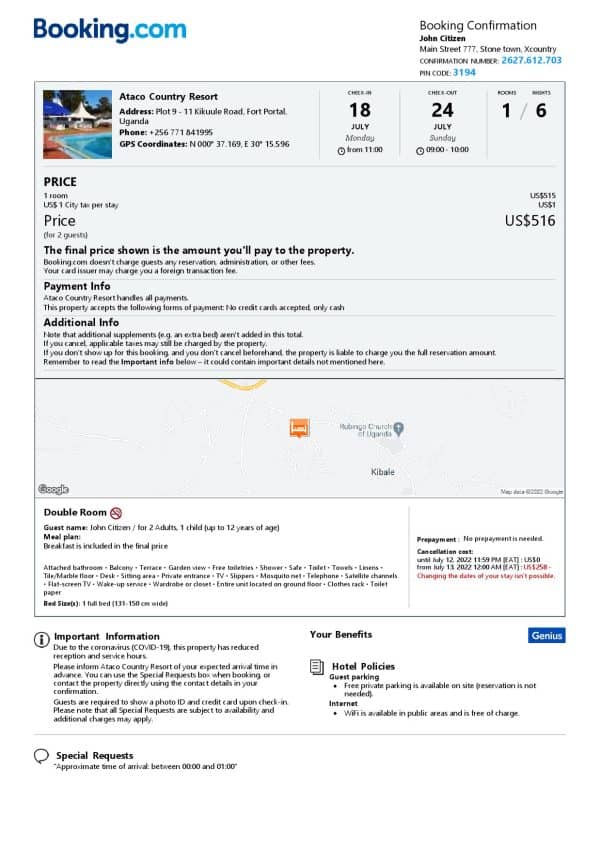 Uganda hotel booking confirmation Word and PDF template, 2 pages