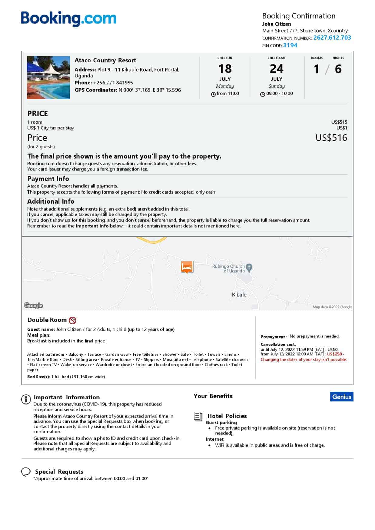 Uganda hotel booking confirmation Word and PDF template, 2 pages Uganda hotel booking confirmation Word and PDF template, 2 pages