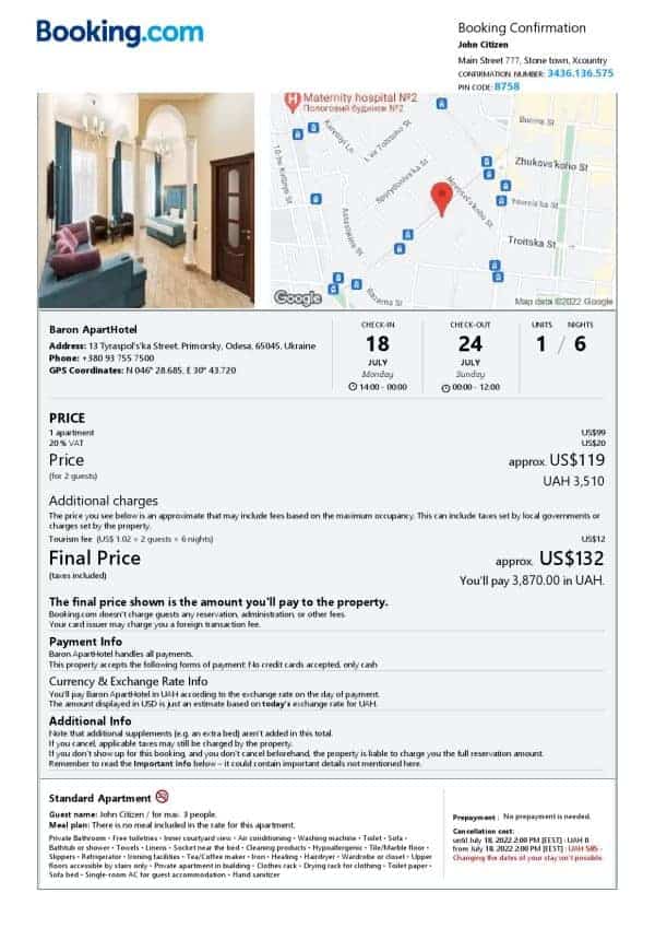 Ukraine hotel booking confirmation Word and PDF template, 2 pages
