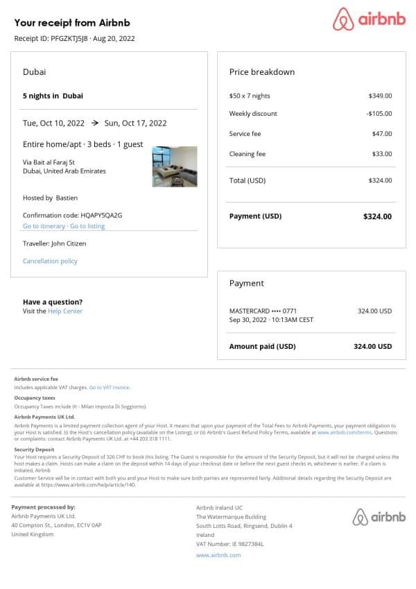 United Arab Emirates Airbnb booking confirmation Word and PDF template United Arab Emirates Airbnb booking confirmation Word and PDF template