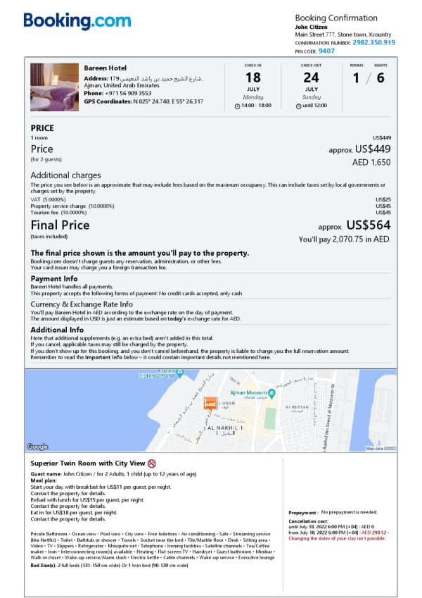 United Arab Emirates hotel booking confirmation Word and PDF template, 2 pages